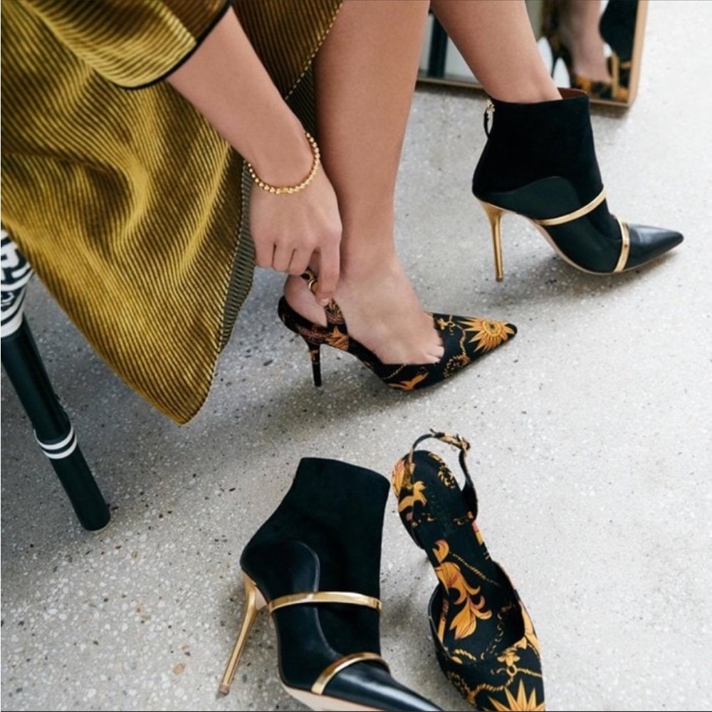 Malone Souliers Madison 100 Black Gold Leather Pointed Toe High Heel Ankle Boots